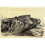 Lithographic print, blind stamped MB, World War I tank, mounted in gilt glazed frame, (34.5cm x