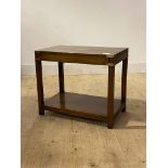 A late 20th century brass bound mahogany military campaign style table with two tiers and square