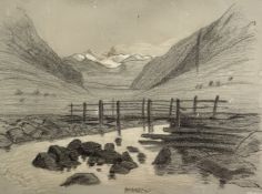 Jessie McDowall, pastel highlighted with white chalk, stream and mountains, water stains etc and