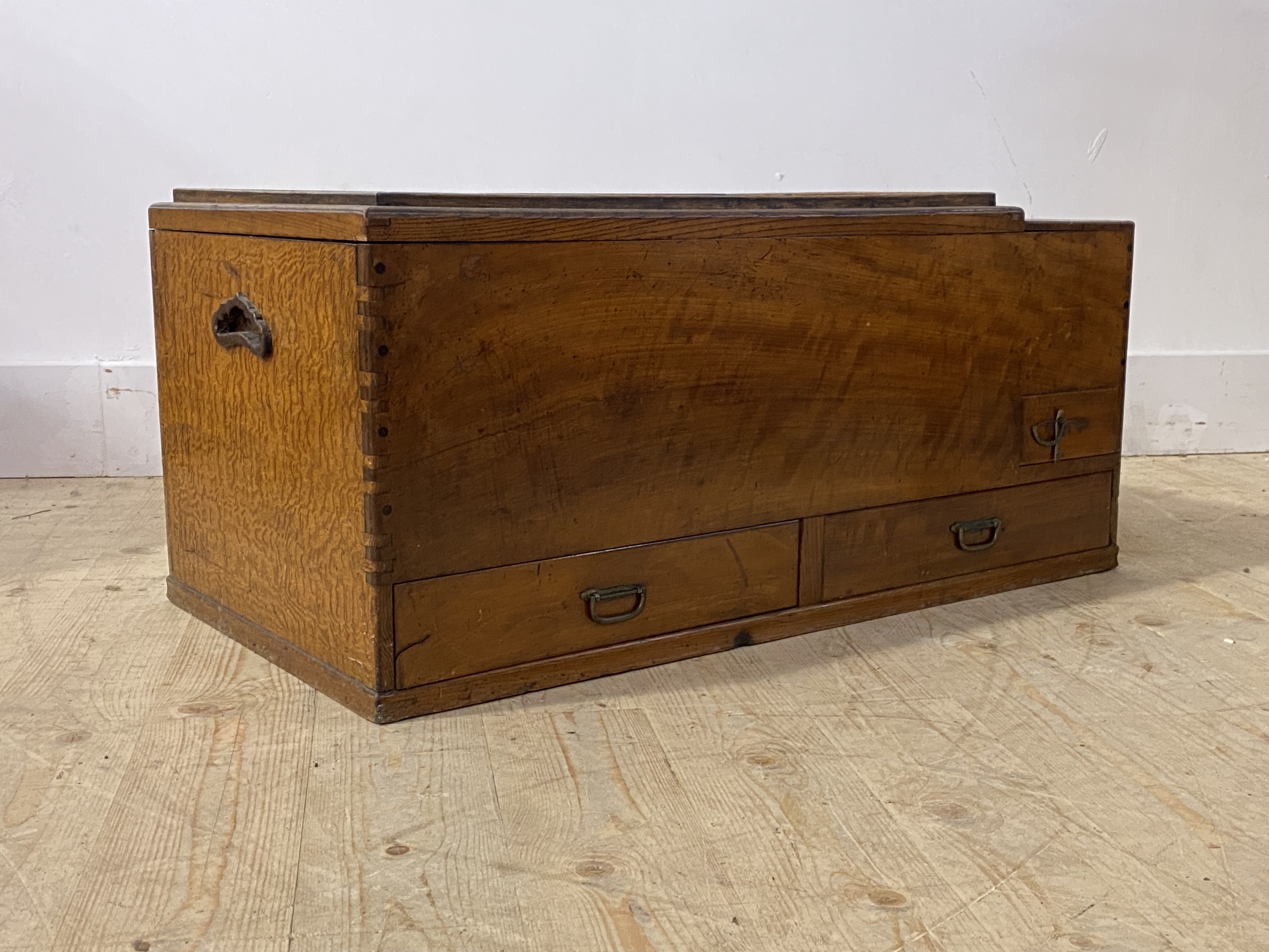 A Japanese elm and fruit wood Hibachi, probably Meiji period, copper lined interior under a later