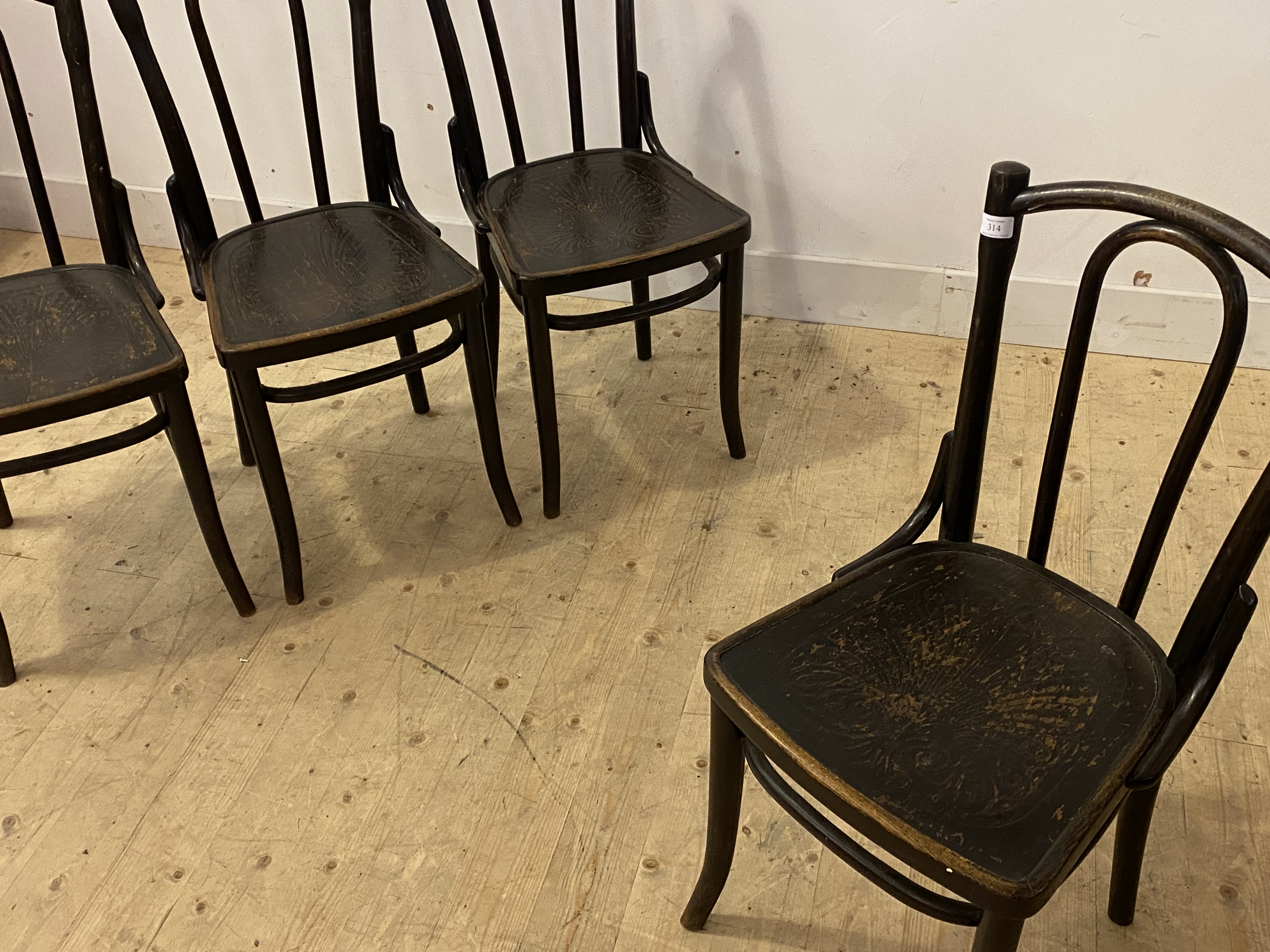 A set of four ebonised bentwood chairs by Thonet, each with paper label (Some losses) and stamped - Image 2 of 3