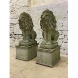 A pair of reconstituted stone garden lions, modeled in a seated position atop a rectangular base,