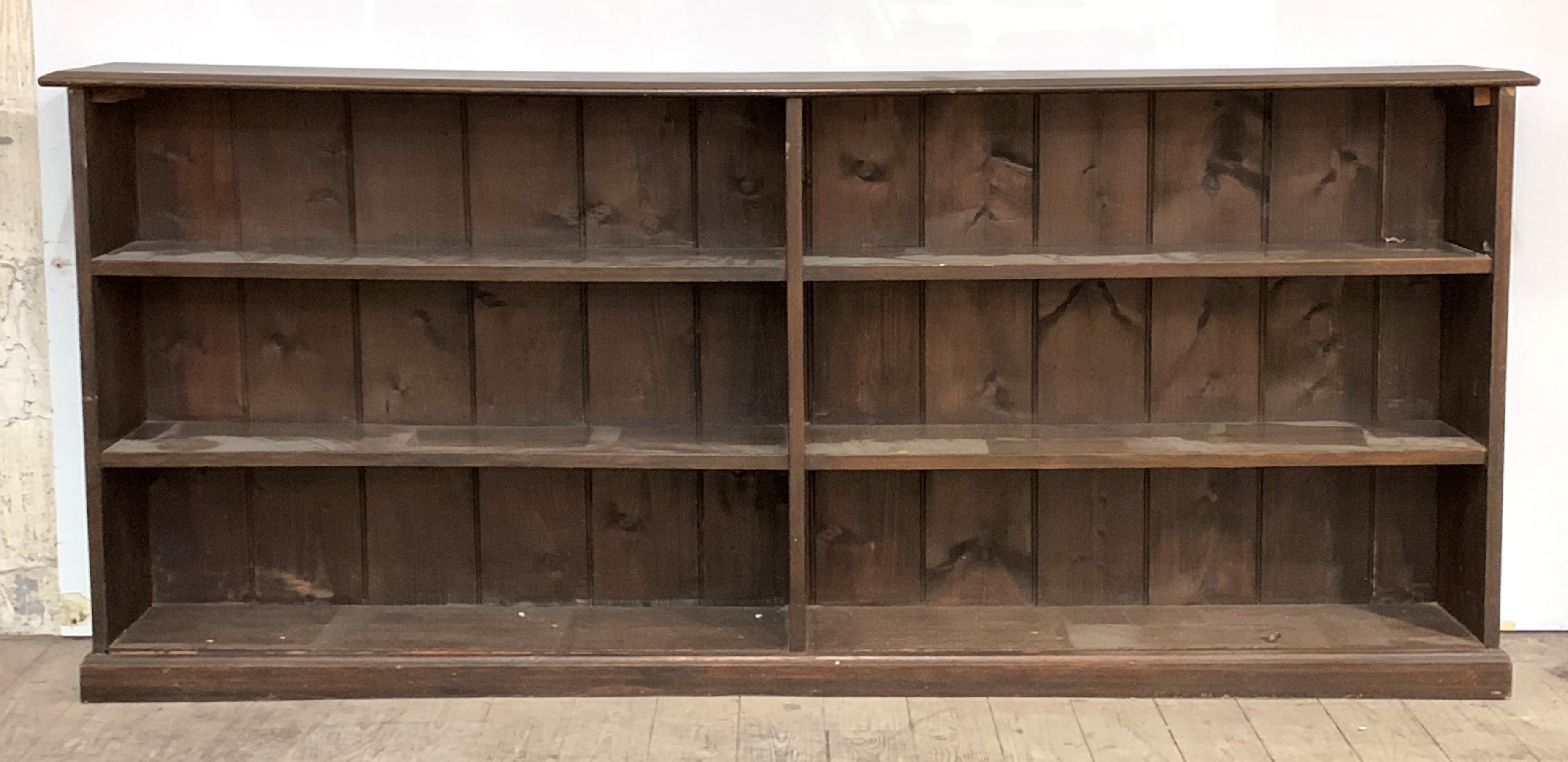 A late 19th century mahogany twin section open bookcase with four fixed shelves H86cm, W200cm,
