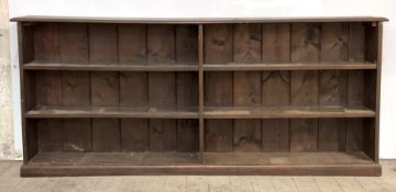 A late 19th century mahogany twin section open bookcase with four fixed shelves H86cm, W200cm,