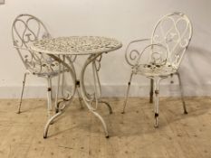 cmA white painted aluminium garden suite comprising a pair of chairs (a/f) and a table with circular