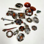 A collection of Victorian white metal and silver mounted Scottish and Irish style pebble jewellery