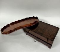 An Edwardian mahogany chimney shaped galleried tray with scalloped border and satinwood inlaid inner