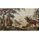 A machine made tapestry depicting a stag braying in Highland scene, moulded oak coloured frame, (