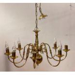A Dutch style lacquered brass eight branch chandelier with rose and chain, D71cm