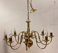 A Dutch style lacquered brass eight branch chandelier with rose and chain, D71cm