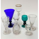 A Bristol blue glass tapered glass with baluster stem, (16.5cm x 8cm) a 19thc thumb cut ale glass