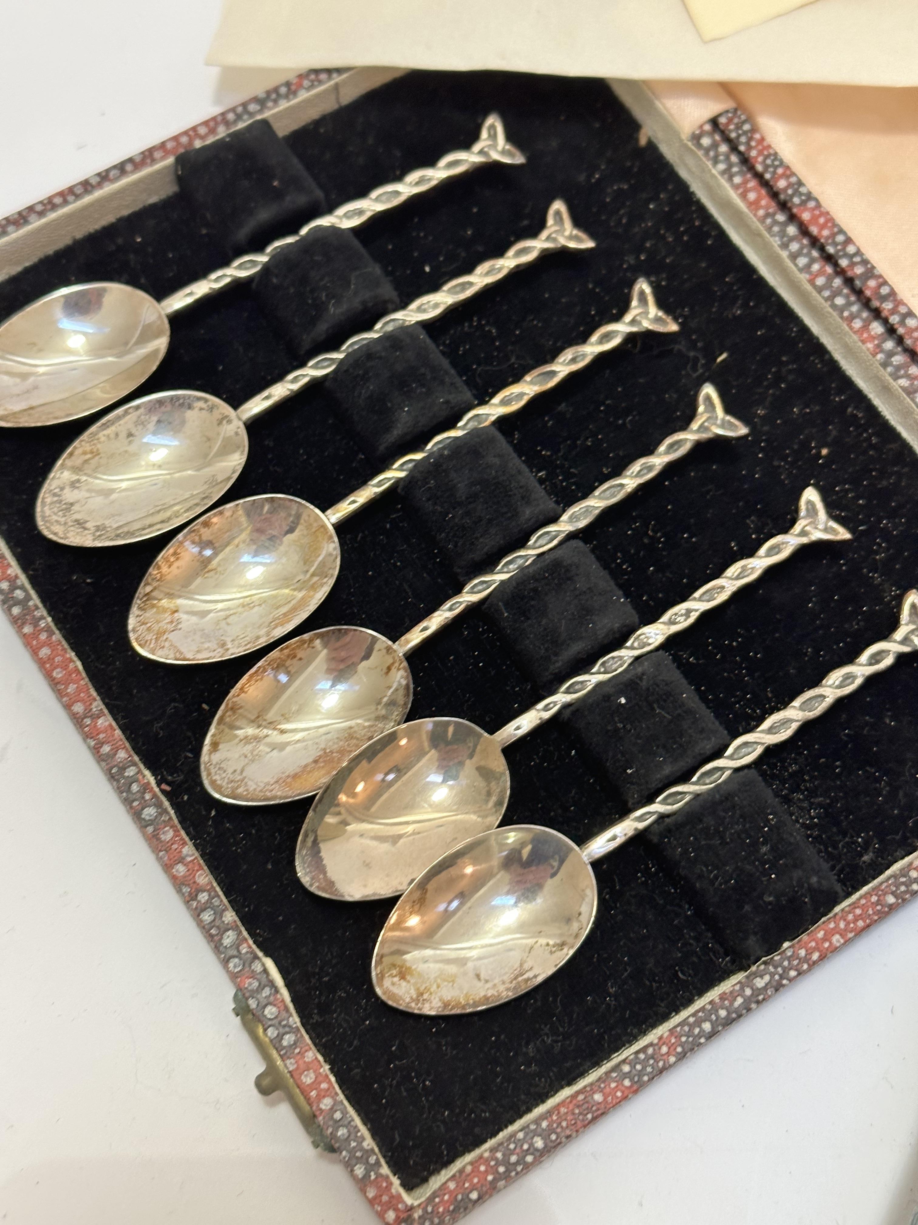A set of six Glasgow silver Celtic style knot handled coffee spoons, complete with original fitted - Image 2 of 4