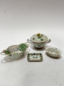 A Herend Hungarian porcelain miniature pierced basket with handles to side decorated with green