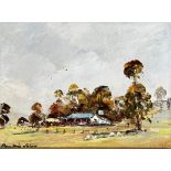 Pauline Johns, Country Home, oil on canvas board, signed bottom left and inscribed verso, gilt