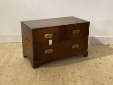 A Mahogany military campaign style chest, late 20th century, fitted with two short and one long
