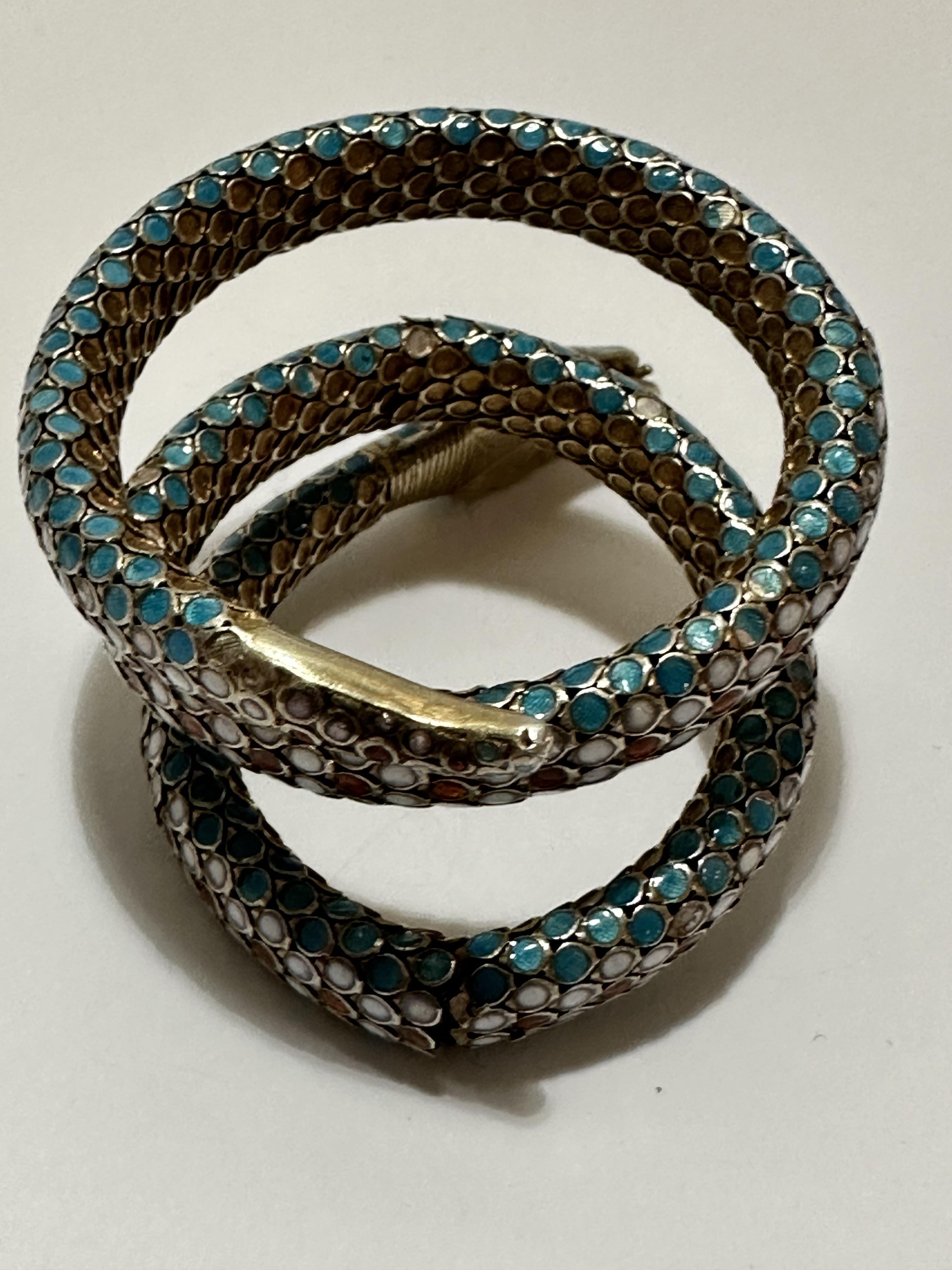 An Eastern silver gilt enamelled serpent triple coil bracelet with open mouth and inset enamelled - Image 5 of 5