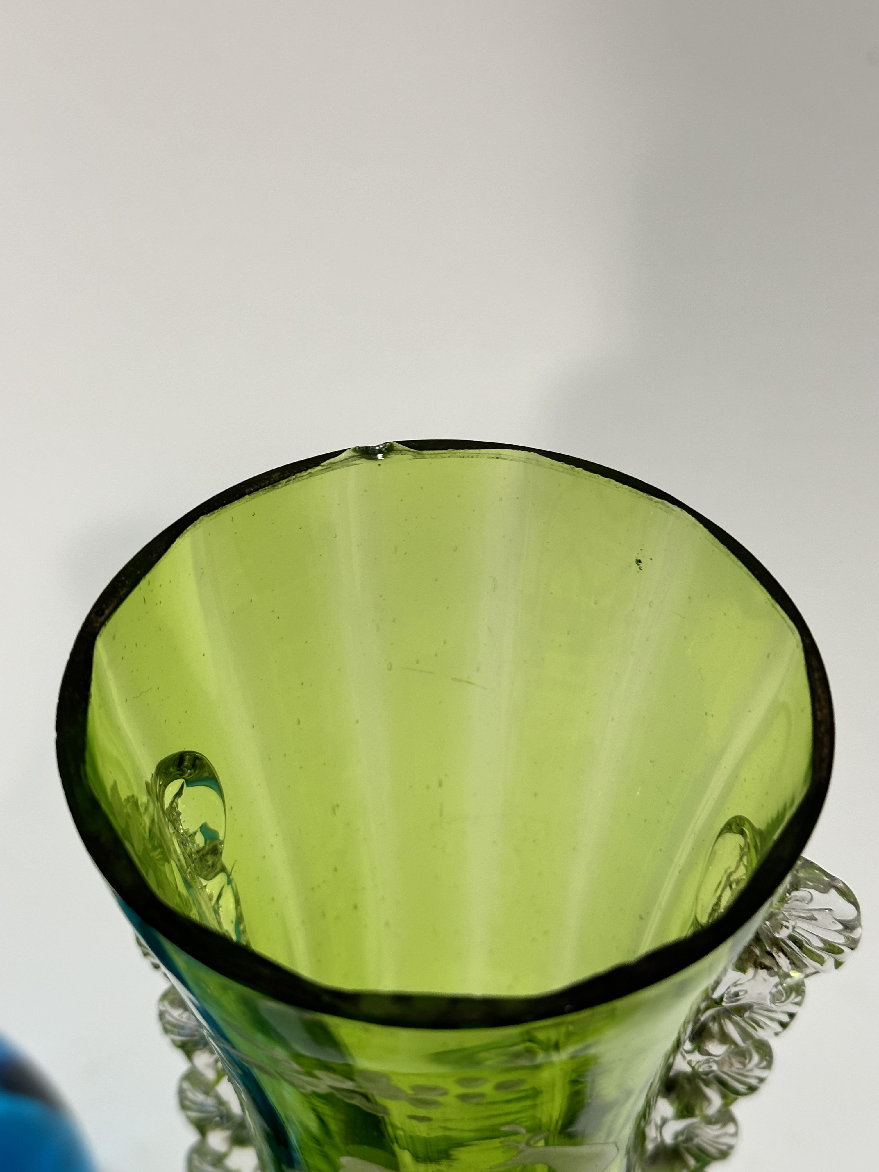 An Edwardian green tapered fluted vase with Mary Gregory style painted decorated and crimped clear - Image 2 of 7