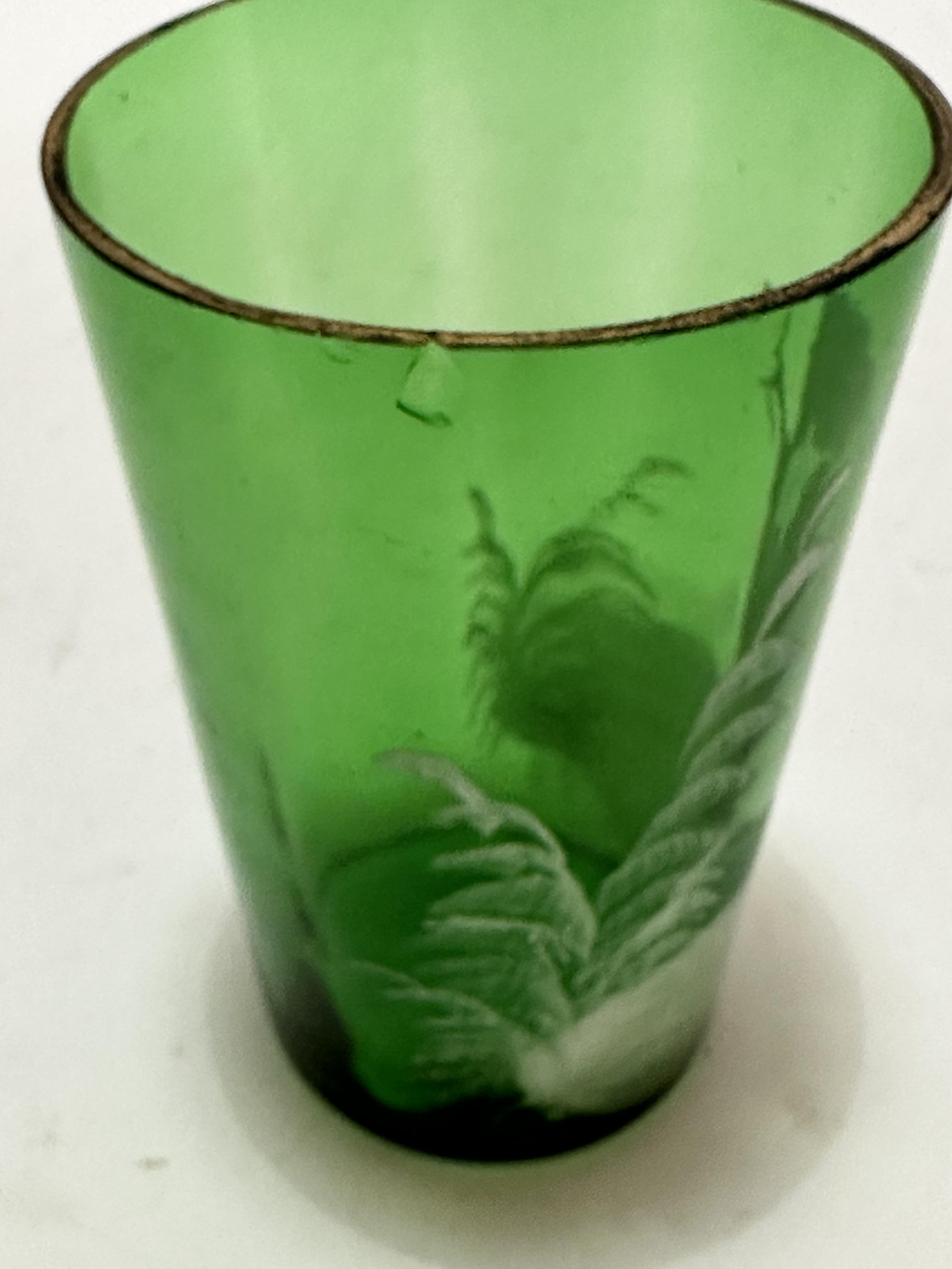 An Edwardian green tapered fluted vase with Mary Gregory style painted decorated and crimped clear - Image 7 of 7