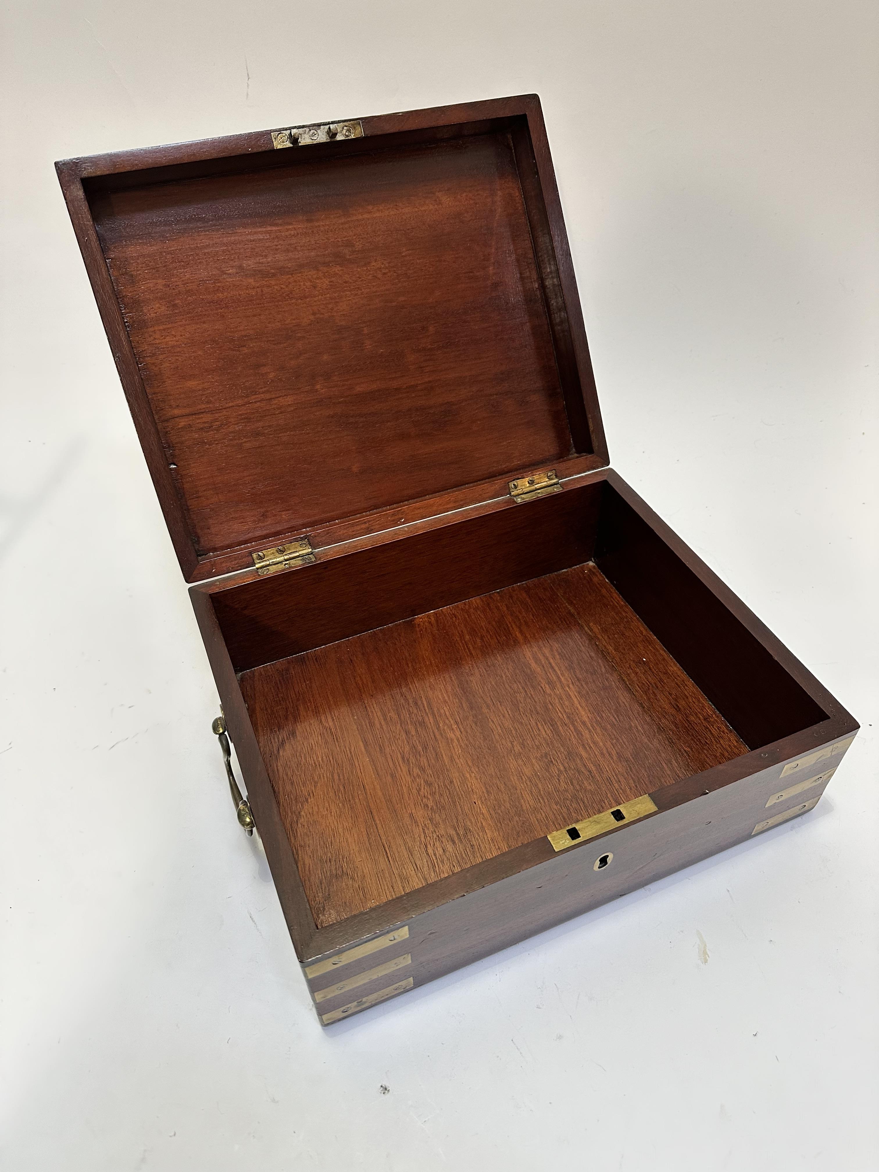 A 19thc mahogany brass mounted rectangular box with brass carry handles to side, no key, (12cm x - Image 5 of 5