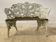 A Coalbrookdale style fern pattern aluminium two seat garden bench in distressed white paint