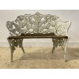 A Coalbrookdale style fern pattern aluminium two seat garden bench in distressed white paint