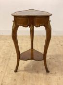 A French style kingwood and walnut triform side table, the simulated inlaid top with brass rule edge