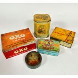 A Huntley and Palmer octagonal pixie decorated tin, faded (14cm x 10cm) an Oxo cube rectangular box,