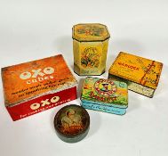 A Huntley and Palmer octagonal pixie decorated tin, faded (14cm x 10cm) an Oxo cube rectangular box,