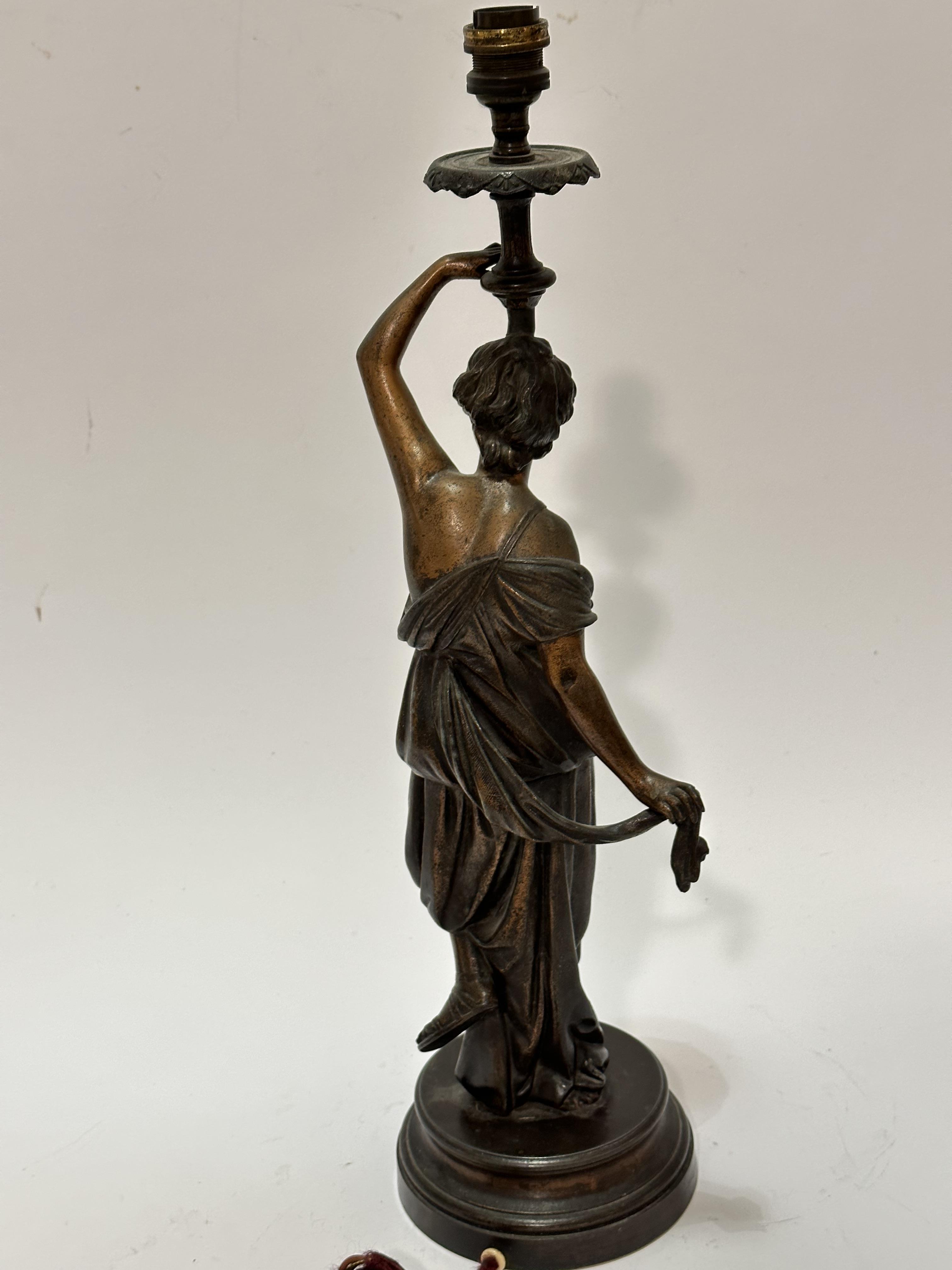 A French cast spelter figure lamp of a young lady draped in Grecian style, on circular moulded base, - Image 3 of 3