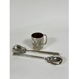 A pair of white metal serving fork and spoon, tapered handle design, (L 27cm) and a white metal