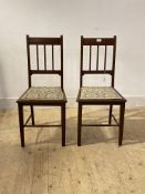 A pair of Edwardian mahogany bedroom chairs with upholstered seats, H92cm, W42cm, D40cm