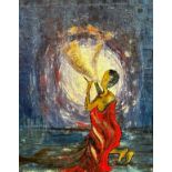 African School, a Figure Summoning the Moon, oil on canvas, signed indistinctly bottom right, gilt