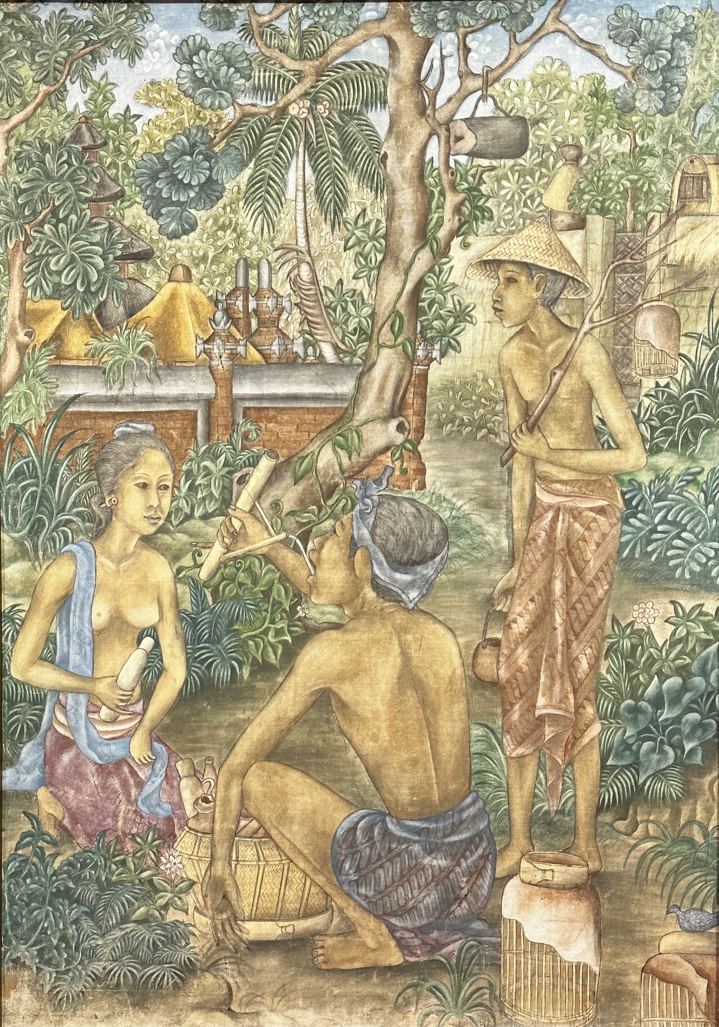 Indonesian School, Gardener and Attendants Sitting Eating and Drinking, oil on panel, unsigned, (
