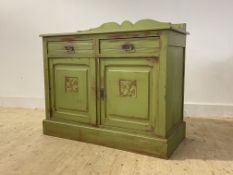 An Edwardian green painted sideboard, with shaped galleried back over two drawers and two cupboards,