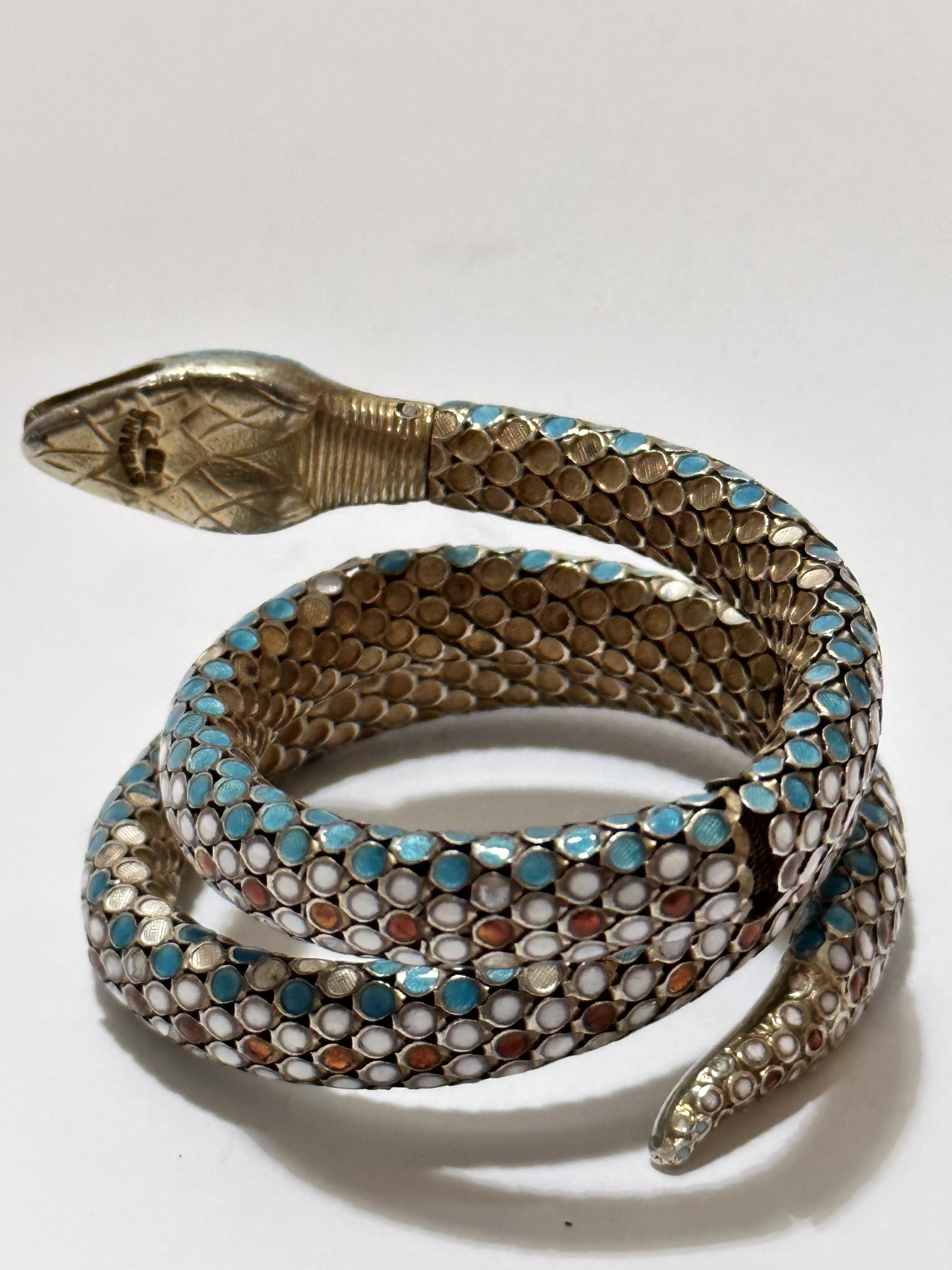 An Eastern silver gilt enamelled serpent triple coil bracelet with open mouth and inset enamelled - Image 2 of 5