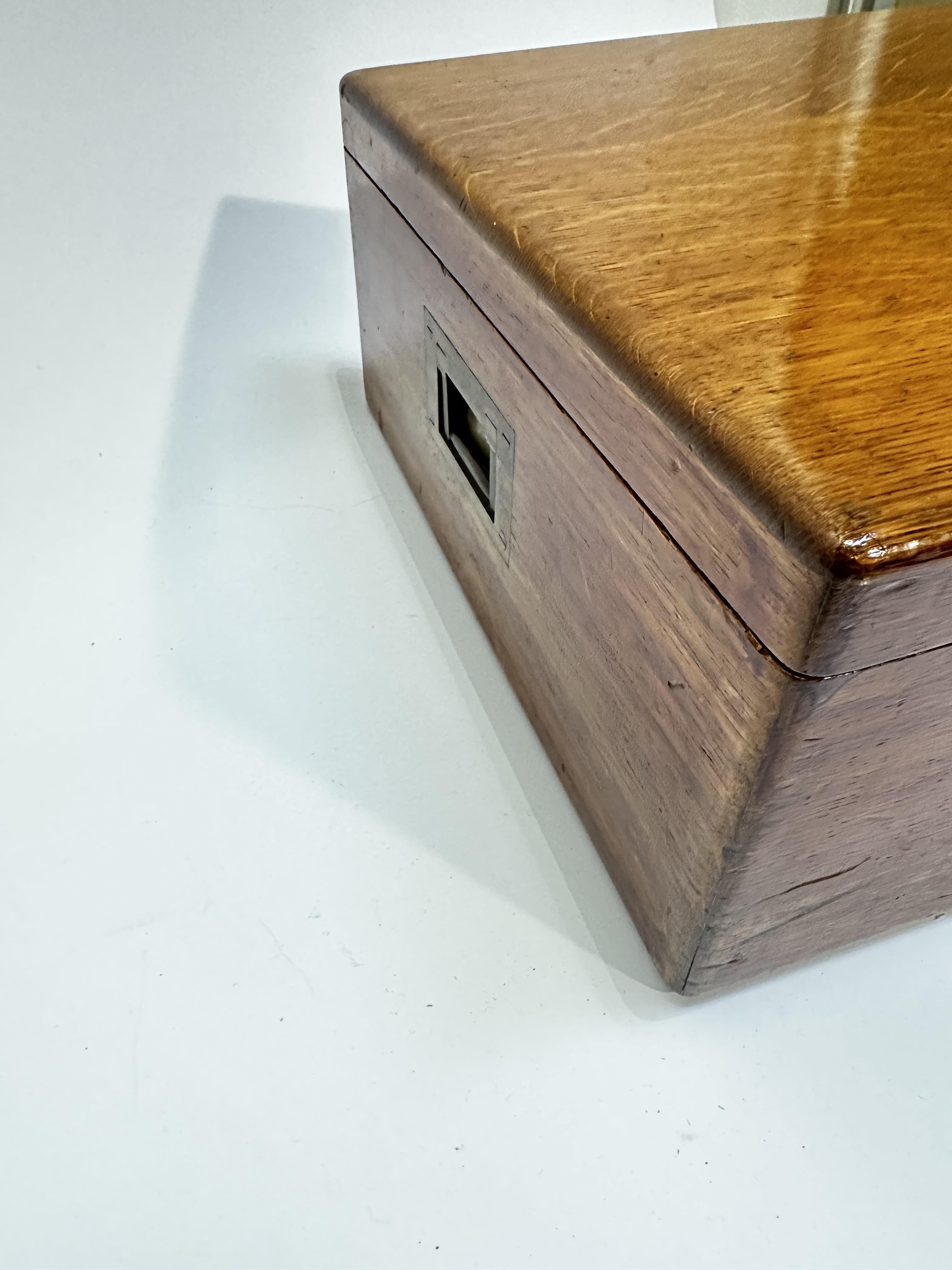 An Edwardian oak table canteen box, with shield set brass inset plaque to top and recessed brass - Image 5 of 6