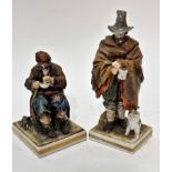 A pair of late 19thc early 20thc Naples figures of a man with dog and begging cup, raised on