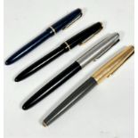 Four various Parker fountain pens including a blue cased fountain pen with yellow metal mounted