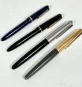 Four various Parker fountain pens including a blue cased fountain pen with yellow metal mounted