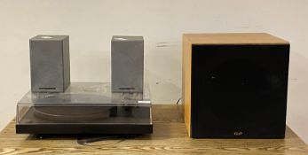 A Pro-Ject Debut II turn table, together with a pair of Mordaunt-short MS302 speakers, and a Gale