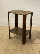 A 1930's Art Deco period oak two tier side table raised on fluted supports, H72cm, W51cm, D36cm