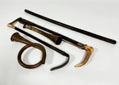 Two leather bound horn handled riding crops, one with silver mount and the other plated, (