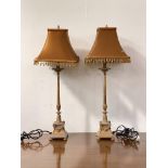 A pair of Neoclassical style gilt painted cast metal table lights, the bases with ram head masks and