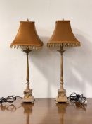 A pair of Neoclassical style gilt painted cast metal table lights, the bases with ram head masks and