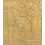 A 1920s sketch for a sewnwork panel depicting bird and squirrel in gilt embossed and flower