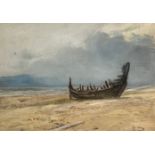 John McQuirter RA (Scottish, 1839 - 1911) Wreck of a Fishing Boat on the Beach, mixed media,