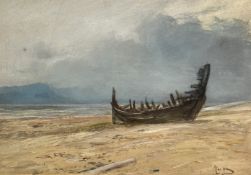 John McQuirter RA (Scottish, 1839 - 1911) Wreck of a Fishing Boat on the Beach, mixed media,