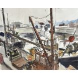 T Shearer, Fishing Boat in the Harbour, print, signed in pen and dated '66, glazed mounted frame, (