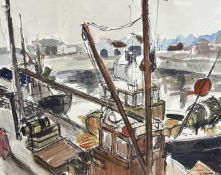 T Shearer, Fishing Boat in the Harbour, print, signed in pen and dated '66, glazed mounted frame, (