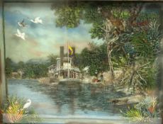 19th Century School, a feather picture diorama depicting a steam boat on a river, the boat flying